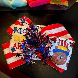 Girls Bow-Red strips, Red, Silve & Blue Stars-God Bless America-Bear w Hat